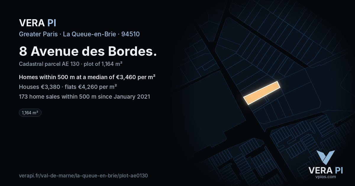 8 Avenue des Bordes, La Queue-en-Brie at night – the plot lit, the parcels around coloured by the prices near them