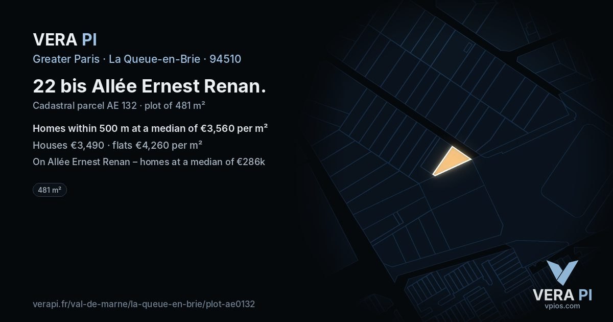 22 bis Allée Ernest Renan, La Queue-en-Brie at night – the plot lit, the parcels around coloured by the prices near them