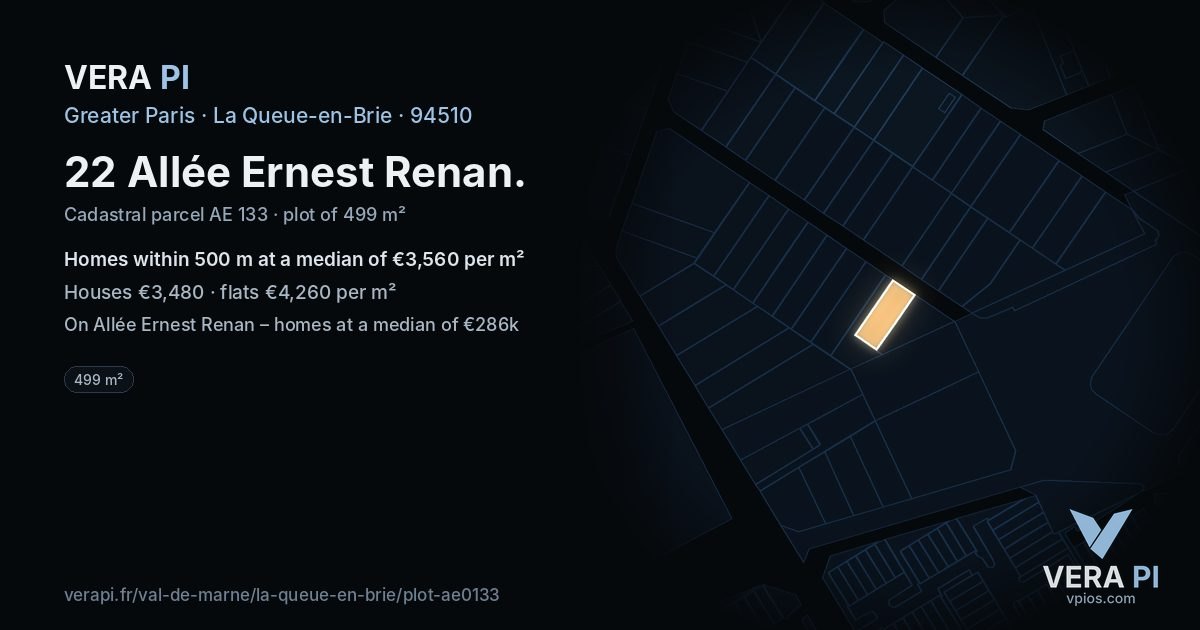 22 Allée Ernest Renan, La Queue-en-Brie at night – the plot lit, the parcels around coloured by the prices near them