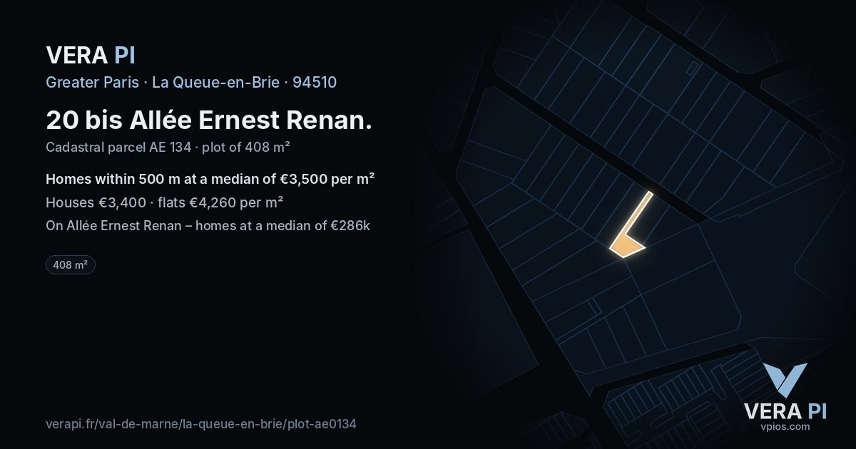 20 bis Allée Ernest Renan, La Queue-en-Brie at night – the plot lit, the parcels around coloured by the prices near them
