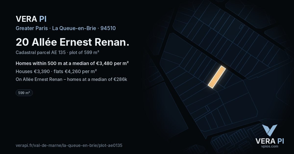 20 Allée Ernest Renan, La Queue-en-Brie at night – the plot lit, the parcels around coloured by the prices near them