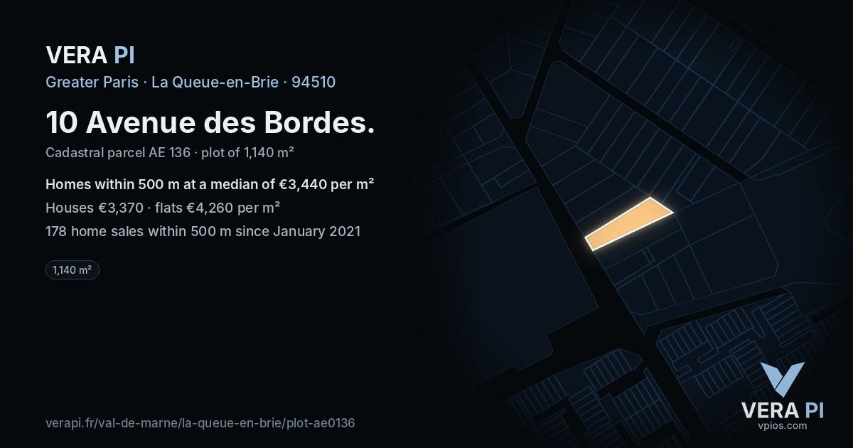 10 Avenue des Bordes, La Queue-en-Brie at night – the plot lit, the parcels around coloured by the prices near them