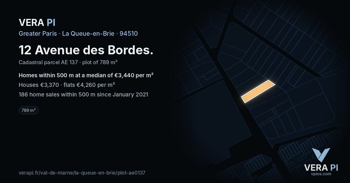 12 Avenue des Bordes, La Queue-en-Brie at night – the plot lit, the parcels around coloured by the prices near them