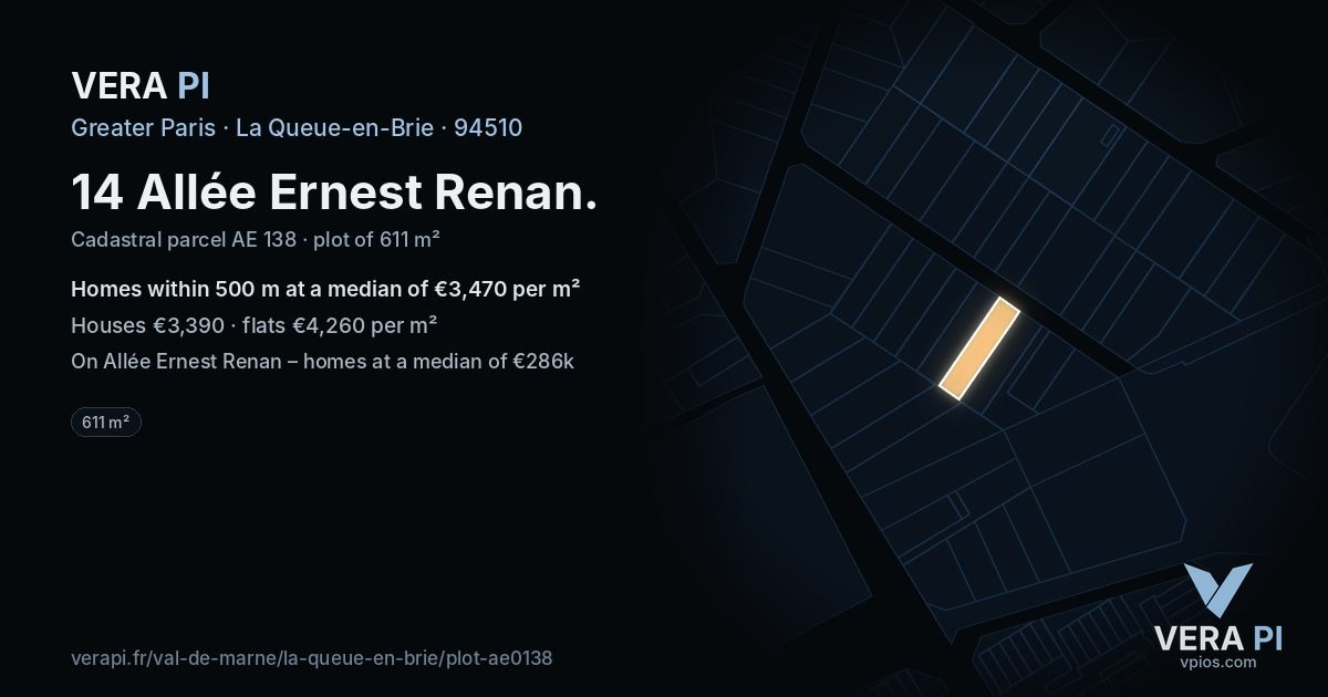 14 Allée Ernest Renan, La Queue-en-Brie at night – the plot lit, the parcels around coloured by the prices near them