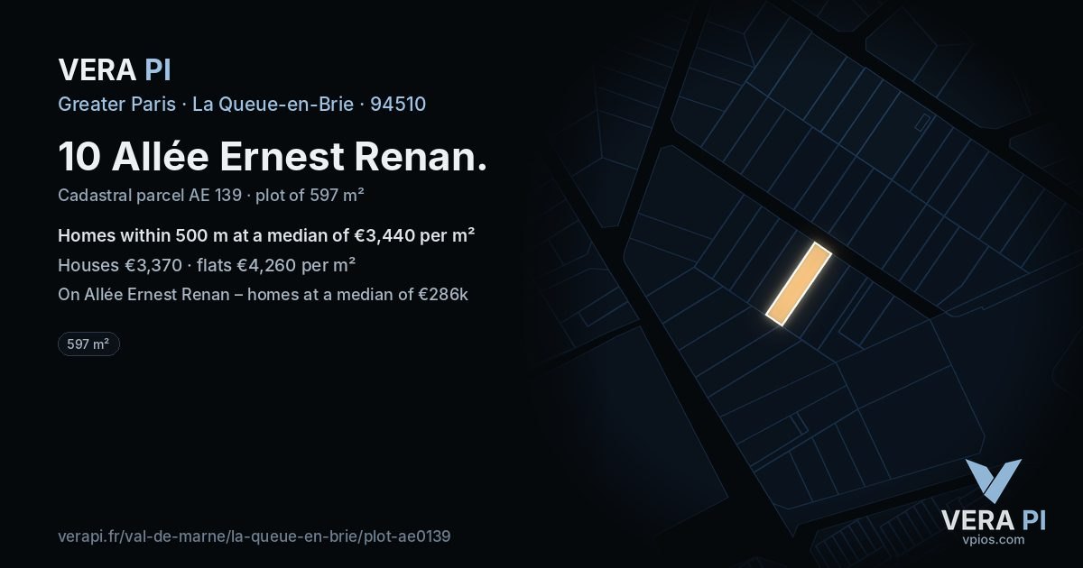 10 Allée Ernest Renan, La Queue-en-Brie at night – the plot lit, the parcels around coloured by the prices near them