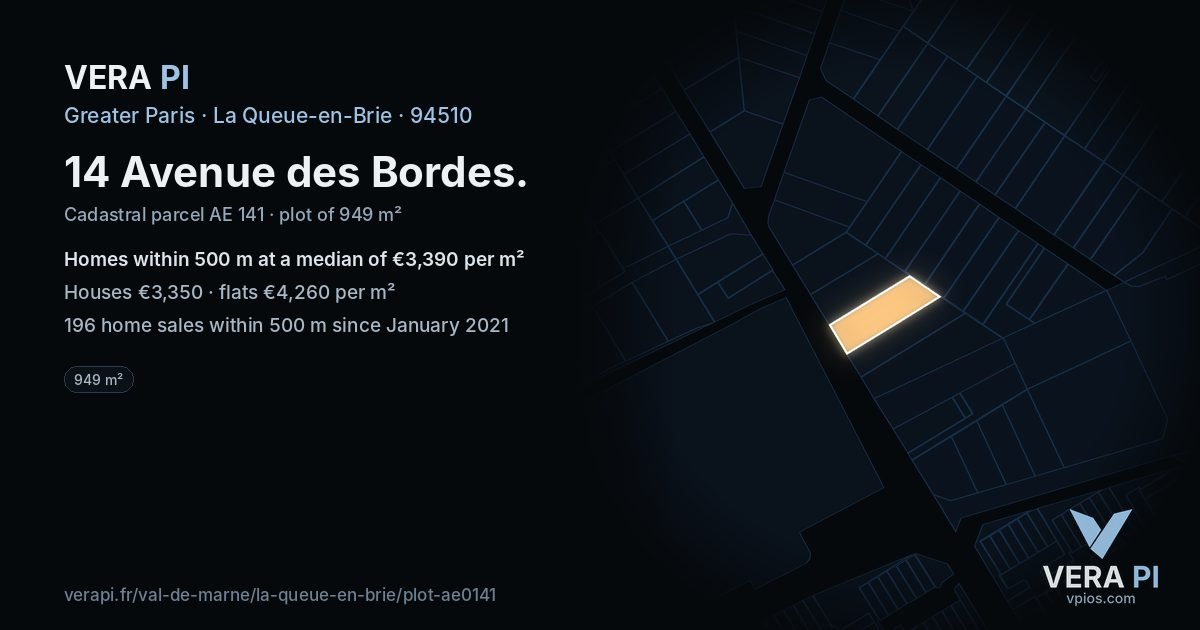 14 Avenue des Bordes, La Queue-en-Brie at night – the plot lit, the parcels around coloured by the prices near them