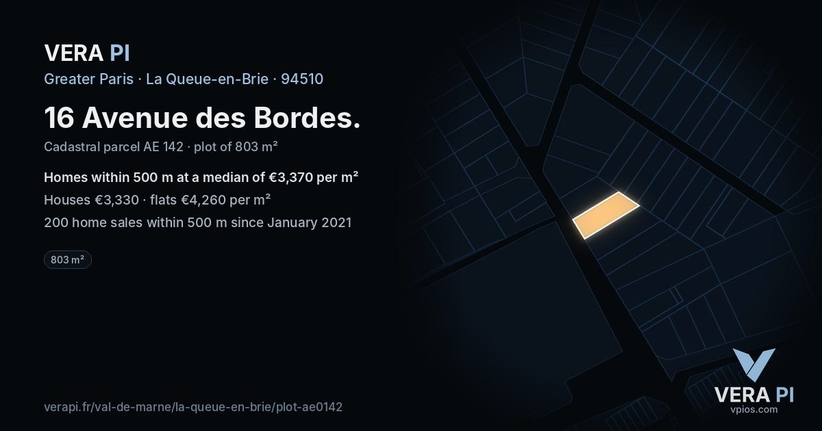16 Avenue des Bordes, La Queue-en-Brie at night – the plot lit, the parcels around coloured by the prices near them