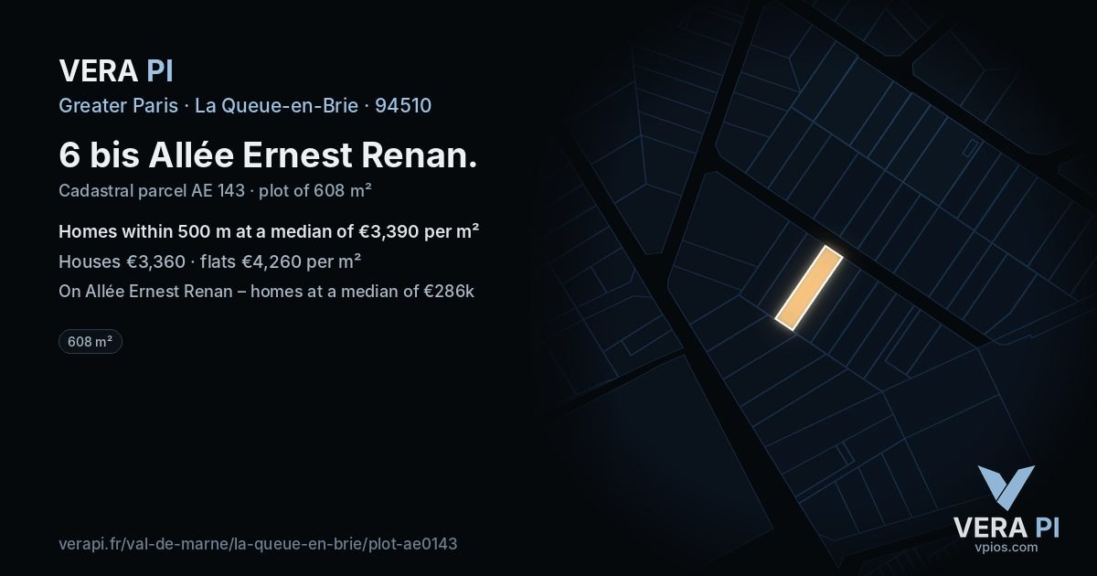 6 bis Allée Ernest Renan, La Queue-en-Brie at night – the plot lit, the parcels around coloured by the prices near them