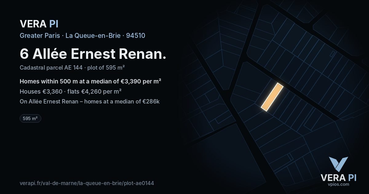 6 Allée Ernest Renan, La Queue-en-Brie at night – the plot lit, the parcels around coloured by the prices near them