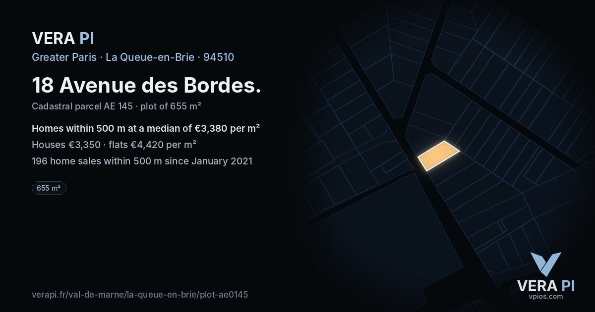 18 Avenue des Bordes, La Queue-en-Brie at night – the plot lit, the parcels around coloured by the prices near them