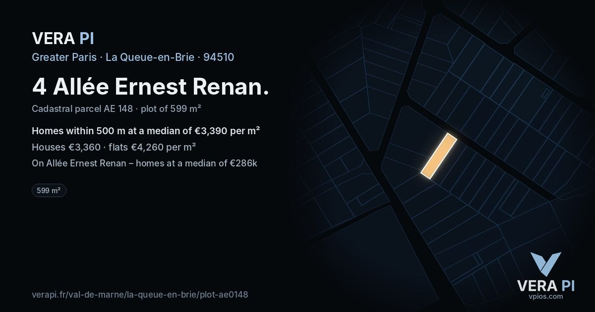 4 Allée Ernest Renan, La Queue-en-Brie at night – the plot lit, the parcels around coloured by the prices near them