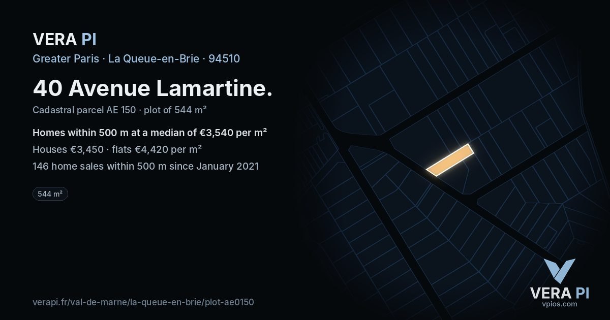 40 Avenue Lamartine, La Queue-en-Brie at night – the plot lit, the parcels around coloured by the prices near them