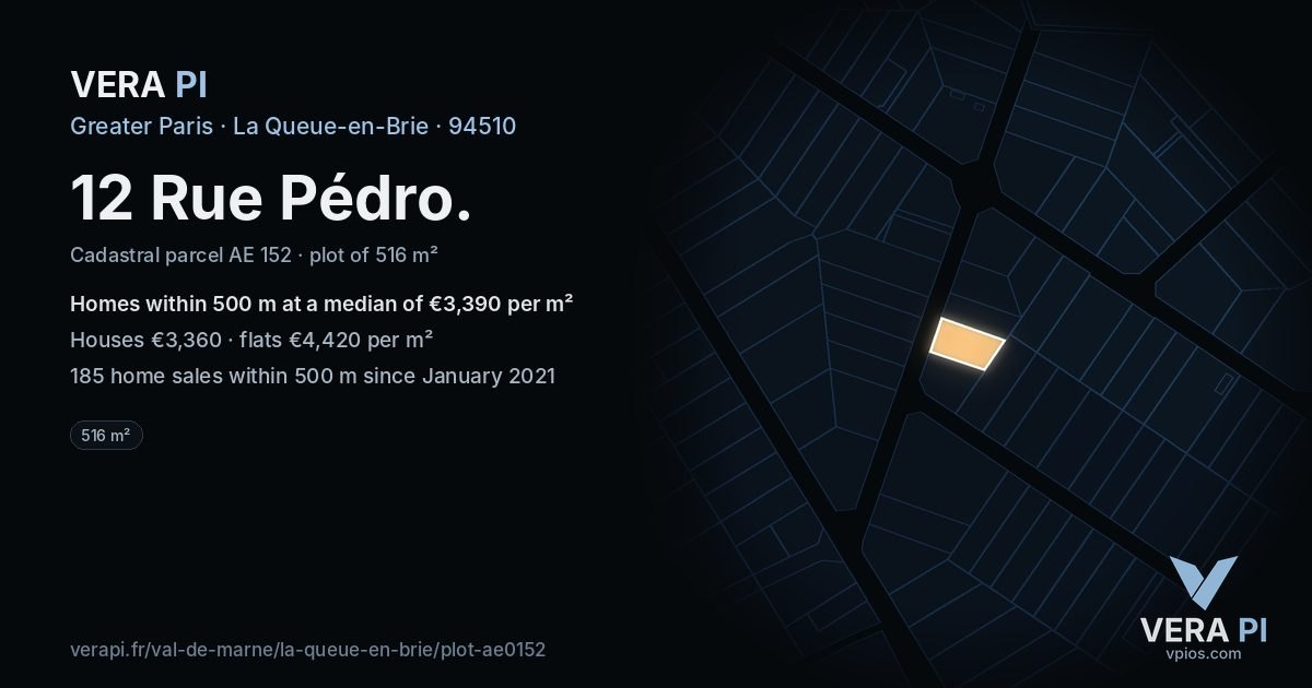 12 Rue Pédro, La Queue-en-Brie at night – the plot lit, the parcels around coloured by the prices near them