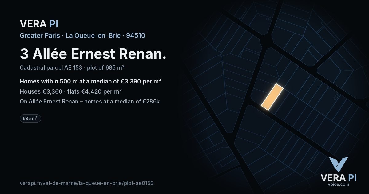 3 Allée Ernest Renan, La Queue-en-Brie at night – the plot lit, the parcels around coloured by the prices near them