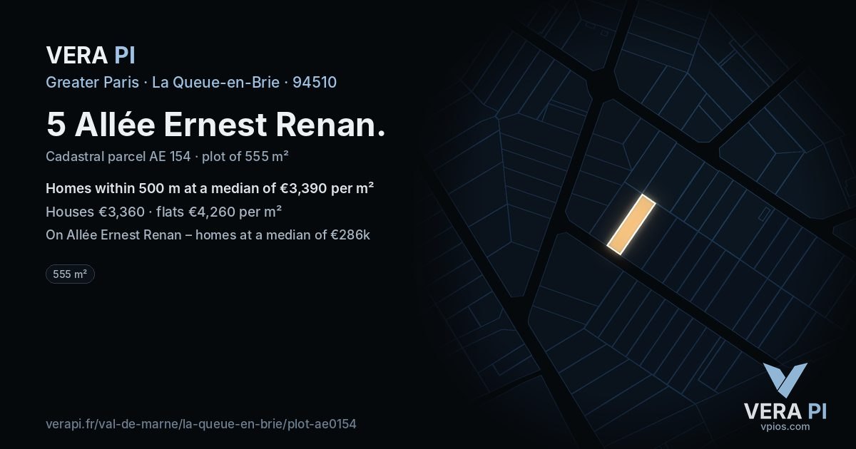 5 Allée Ernest Renan, La Queue-en-Brie at night – the plot lit, the parcels around coloured by the prices near them