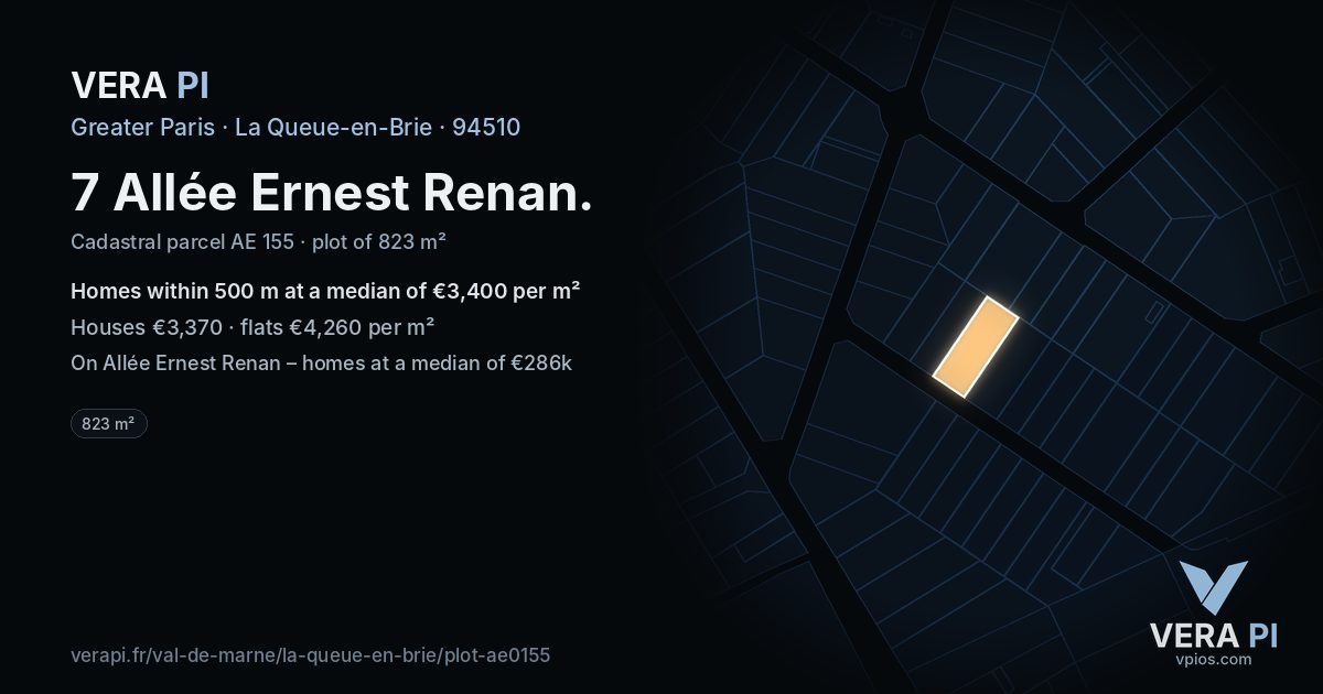 7 Allée Ernest Renan, La Queue-en-Brie at night – the plot lit, the parcels around coloured by the prices near them