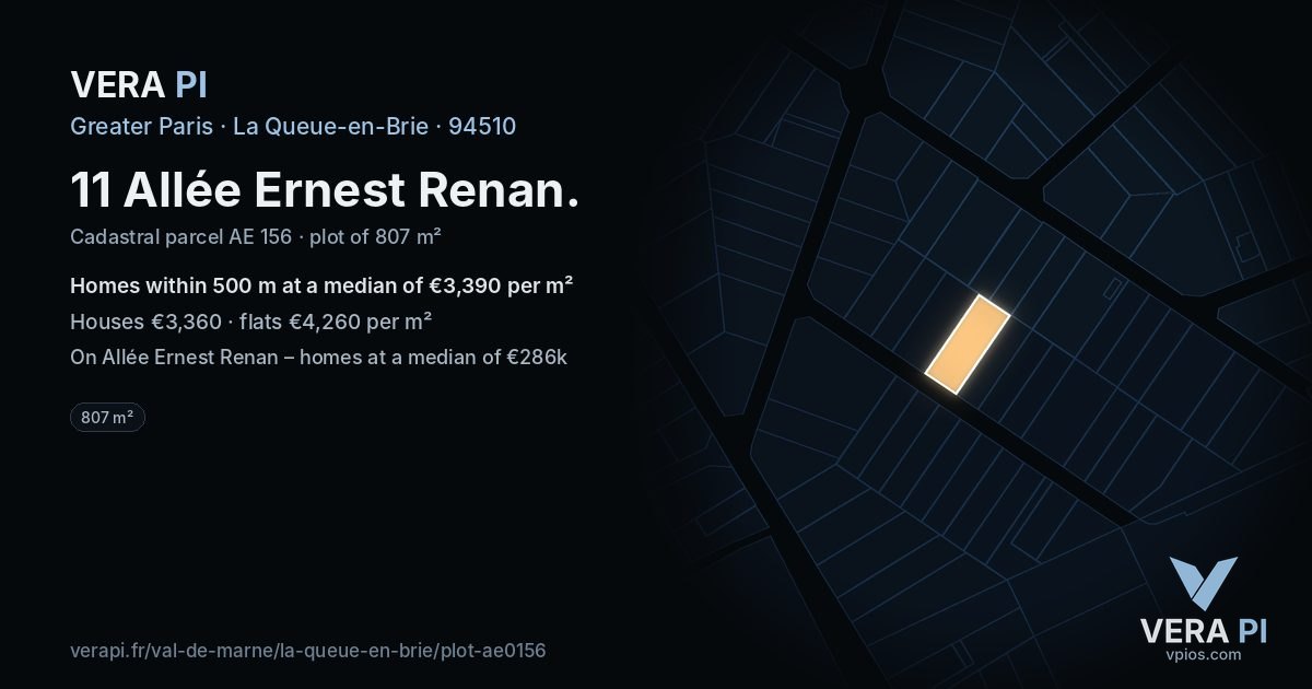 11 Allée Ernest Renan, La Queue-en-Brie at night – the plot lit, the parcels around coloured by the prices near them