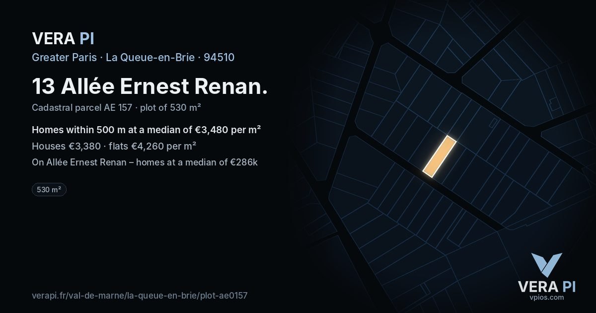 13 Allée Ernest Renan, La Queue-en-Brie at night – the plot lit, the parcels around coloured by the prices near them