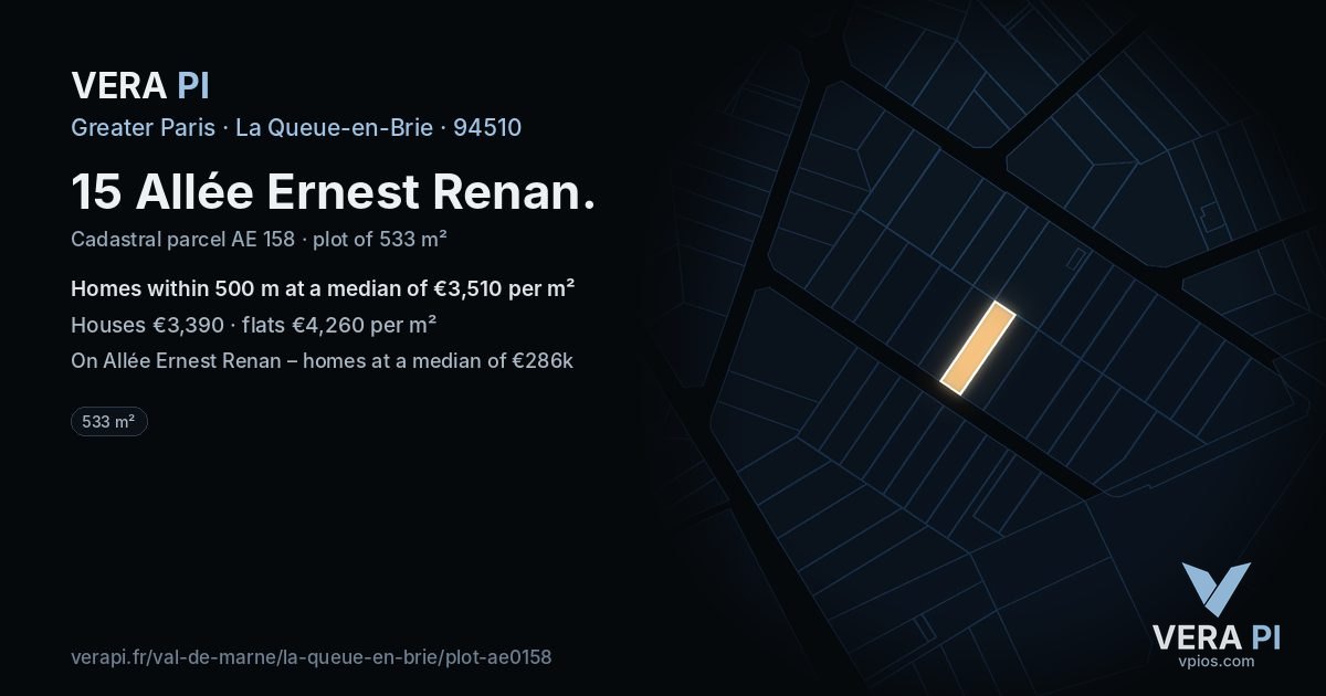 15 Allée Ernest Renan, La Queue-en-Brie at night – the plot lit, the parcels around coloured by the prices near them