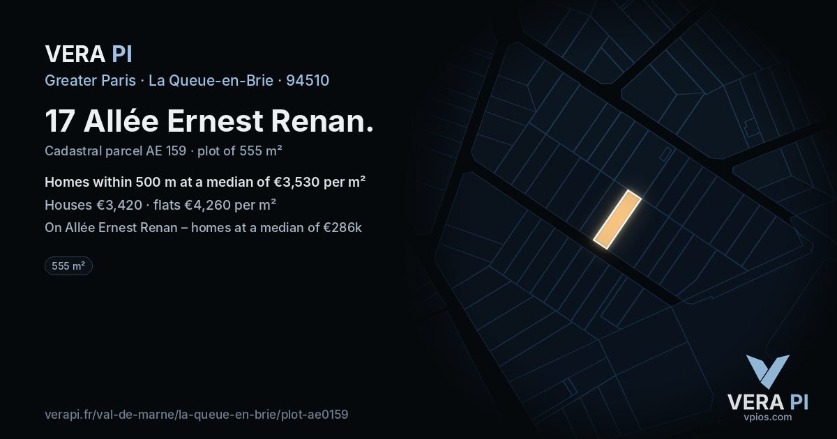 17 Allée Ernest Renan, La Queue-en-Brie at night – the plot lit, the parcels around coloured by the prices near them
