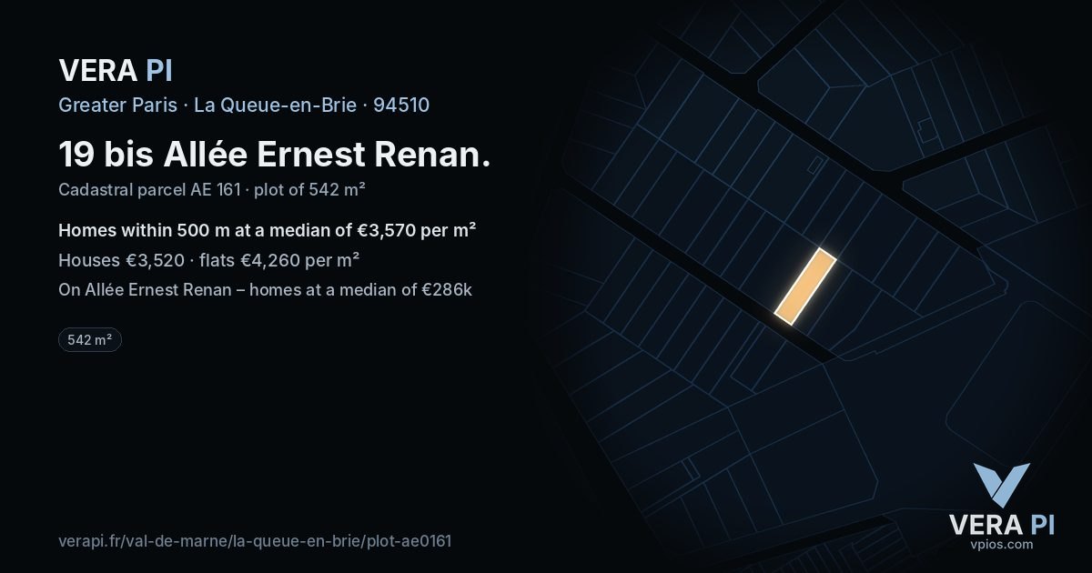 19 bis Allée Ernest Renan, La Queue-en-Brie at night – the plot lit, the parcels around coloured by the prices near them