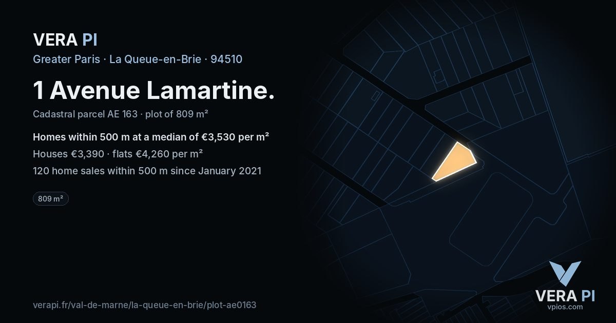 1 Avenue Lamartine, La Queue-en-Brie at night – the plot lit, the parcels around coloured by the prices near them