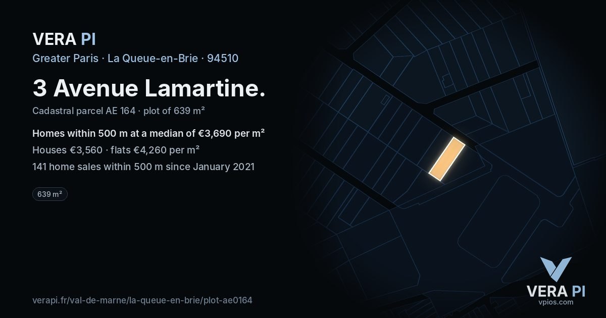 3 Avenue Lamartine, La Queue-en-Brie at night – the plot lit, the parcels around coloured by the prices near them