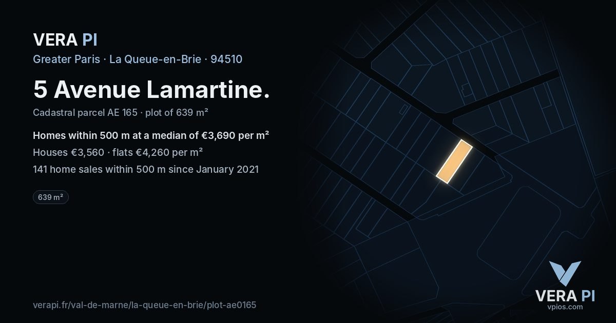 5 Avenue Lamartine, La Queue-en-Brie at night – the plot lit, the parcels around coloured by the prices near them