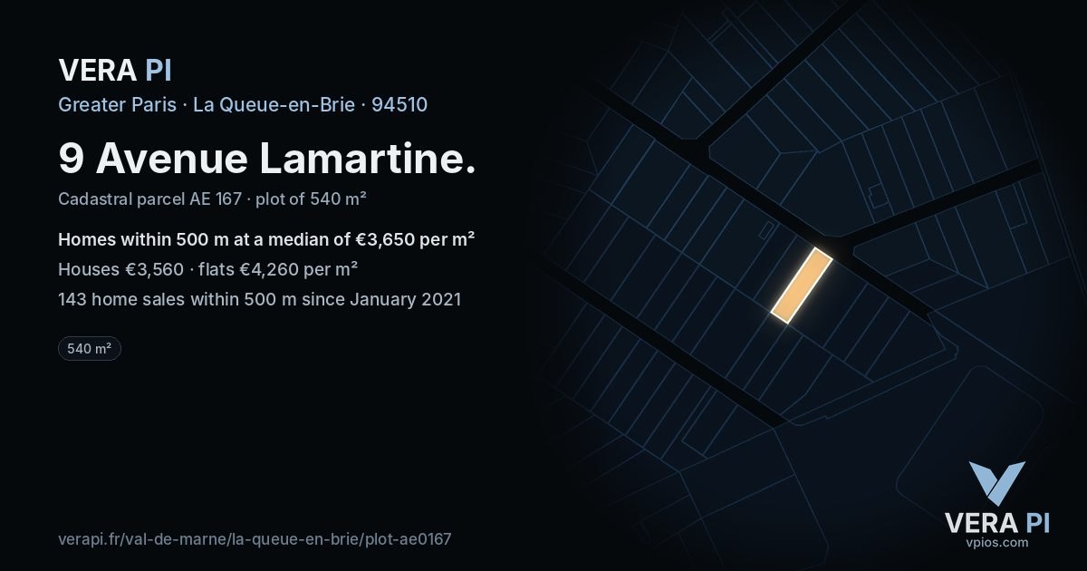 9 Avenue Lamartine, La Queue-en-Brie at night – the plot lit, the parcels around coloured by the prices near them