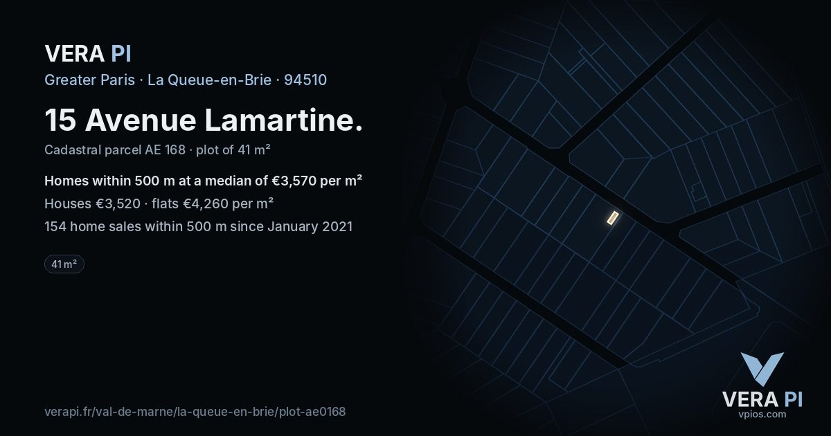 15 Avenue Lamartine, La Queue-en-Brie at night – the plot lit, the parcels around coloured by the prices near them