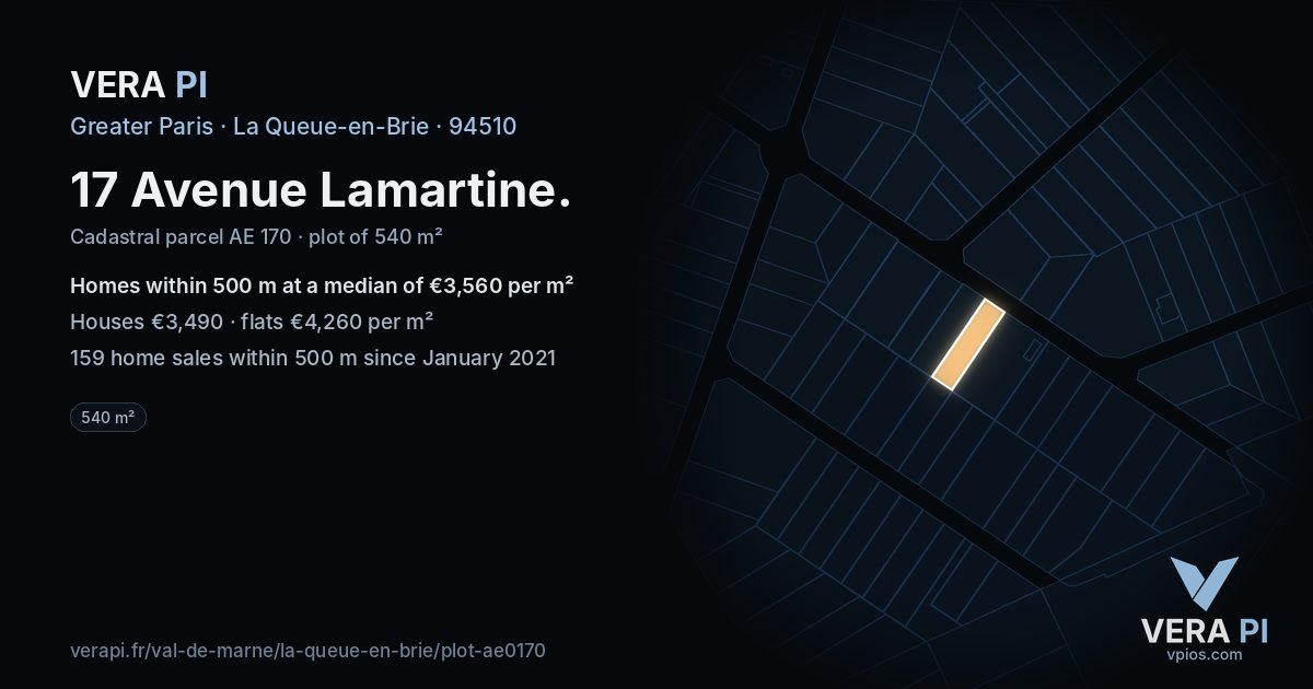 17 Avenue Lamartine, La Queue-en-Brie at night – the plot lit, the parcels around coloured by the prices near them