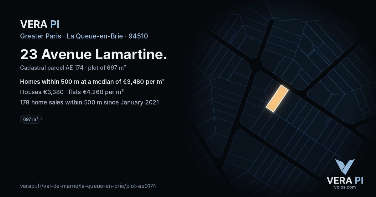 23 Avenue Lamartine, La Queue-en-Brie at night – the plot lit, the parcels around coloured by the prices near them