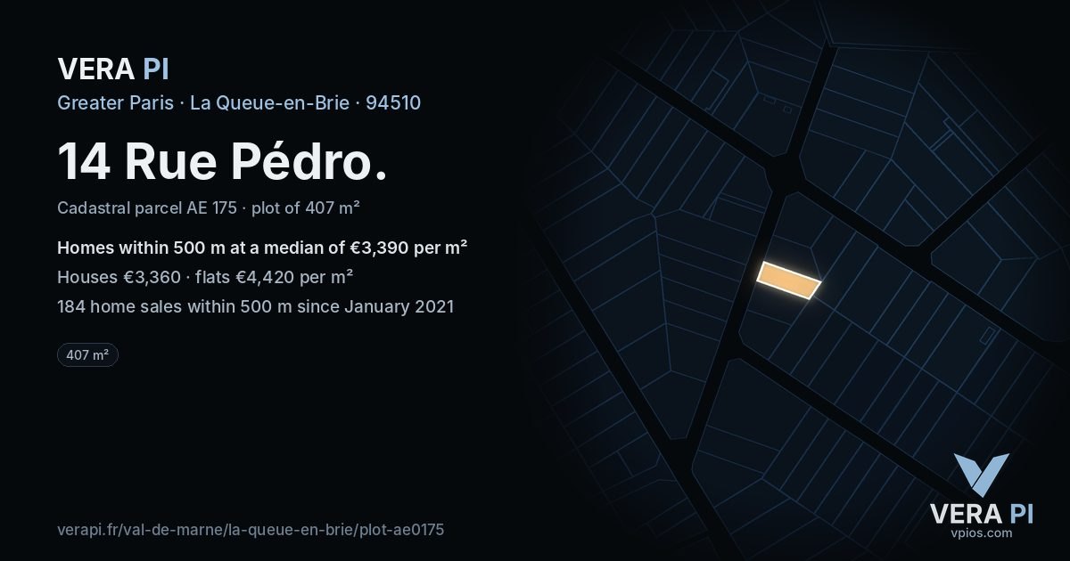 14 Rue Pédro, La Queue-en-Brie at night – the plot lit, the parcels around coloured by the prices near them
