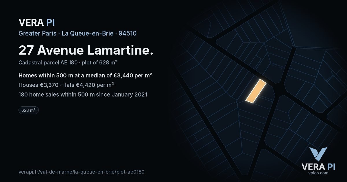 27 Avenue Lamartine, La Queue-en-Brie at night – the plot lit, the parcels around coloured by the prices near them