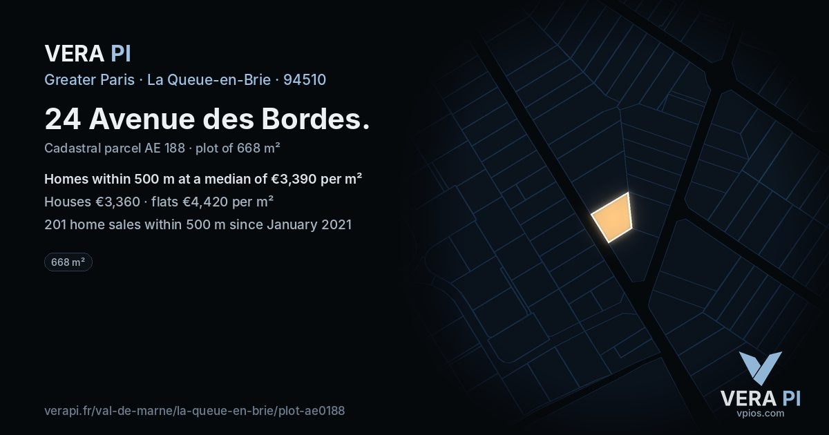 24 Avenue des Bordes, La Queue-en-Brie at night – the plot lit, the parcels around coloured by the prices near them