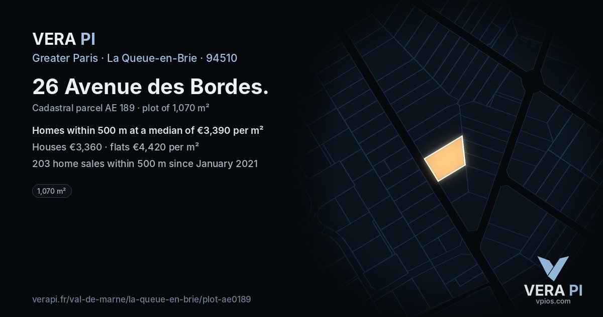 26 Avenue des Bordes, La Queue-en-Brie at night – the plot lit, the parcels around coloured by the prices near them