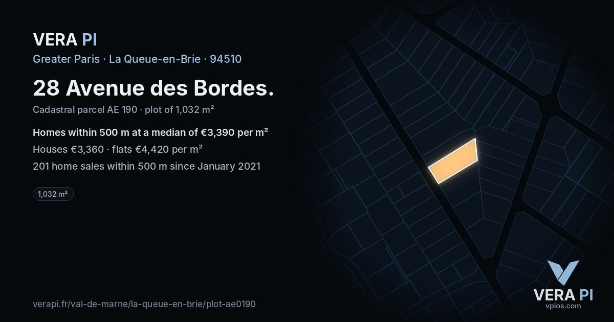 28 Avenue des Bordes, La Queue-en-Brie at night – the plot lit, the parcels around coloured by the prices near them
