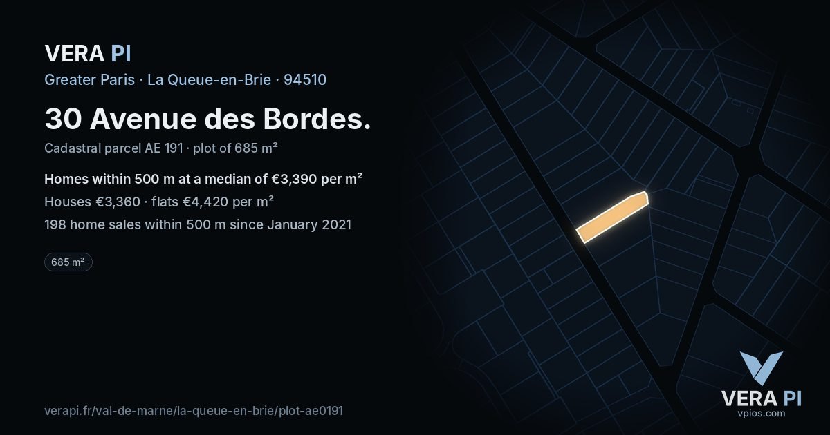 30 Avenue des Bordes, La Queue-en-Brie at night – the plot lit, the parcels around coloured by the prices near them