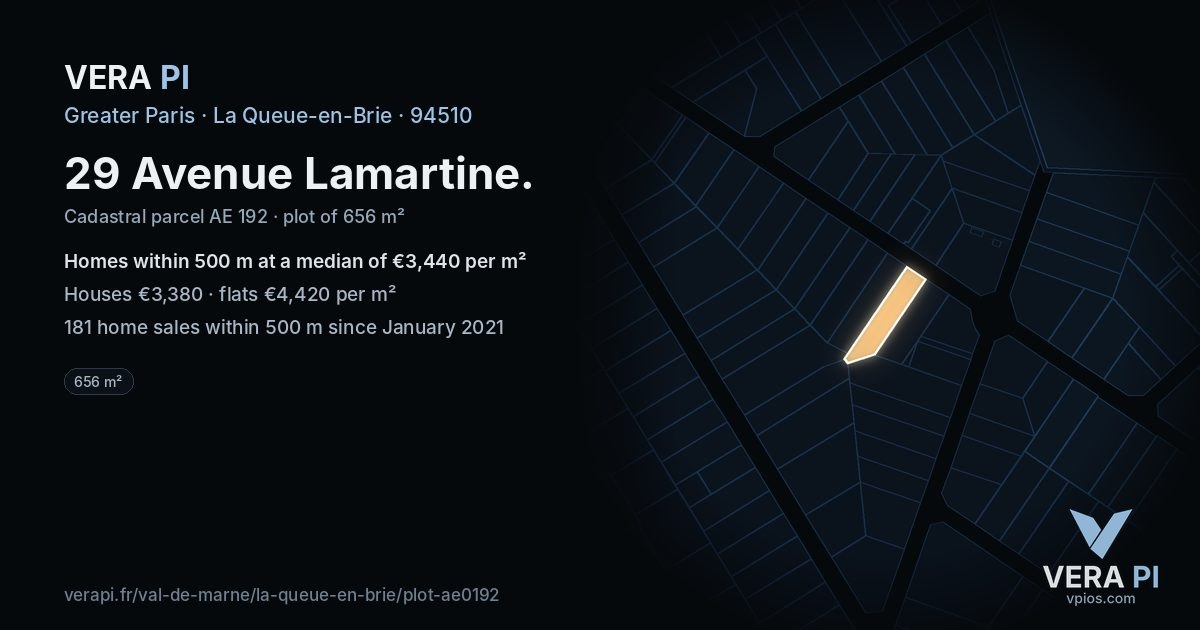 29 Avenue Lamartine, La Queue-en-Brie at night – the plot lit, the parcels around coloured by the prices near them