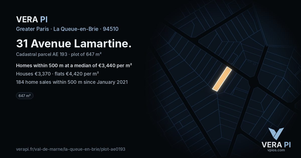 31 Avenue Lamartine, La Queue-en-Brie at night – the plot lit, the parcels around coloured by the prices near them