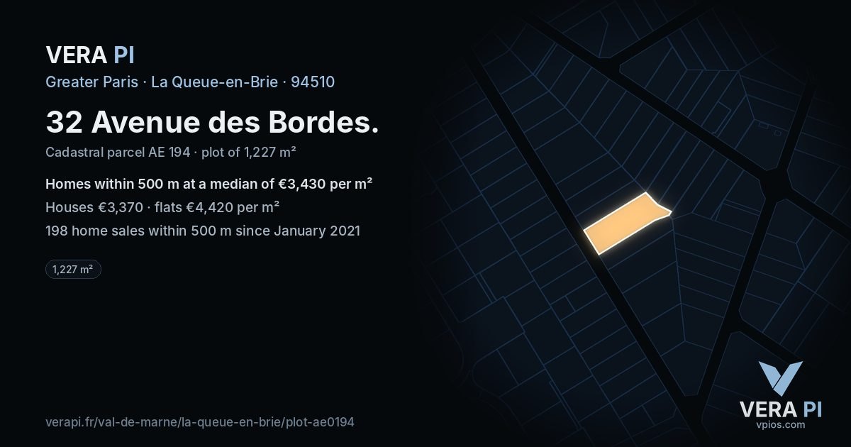 32 Avenue des Bordes, La Queue-en-Brie at night – the plot lit, the parcels around coloured by the prices near them