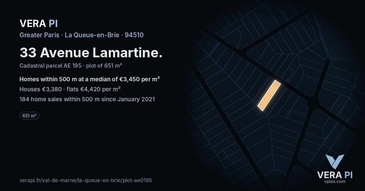 33 Avenue Lamartine, La Queue-en-Brie at night – the plot lit, the parcels around coloured by the prices near them