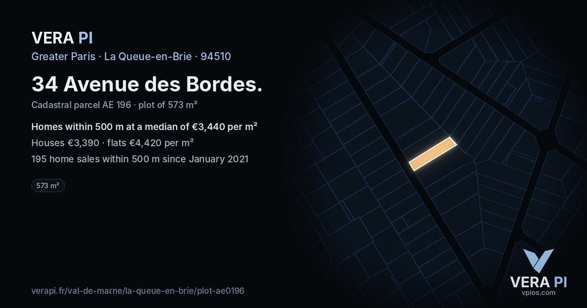 34 Avenue des Bordes, La Queue-en-Brie at night – the plot lit, the parcels around coloured by the prices near them