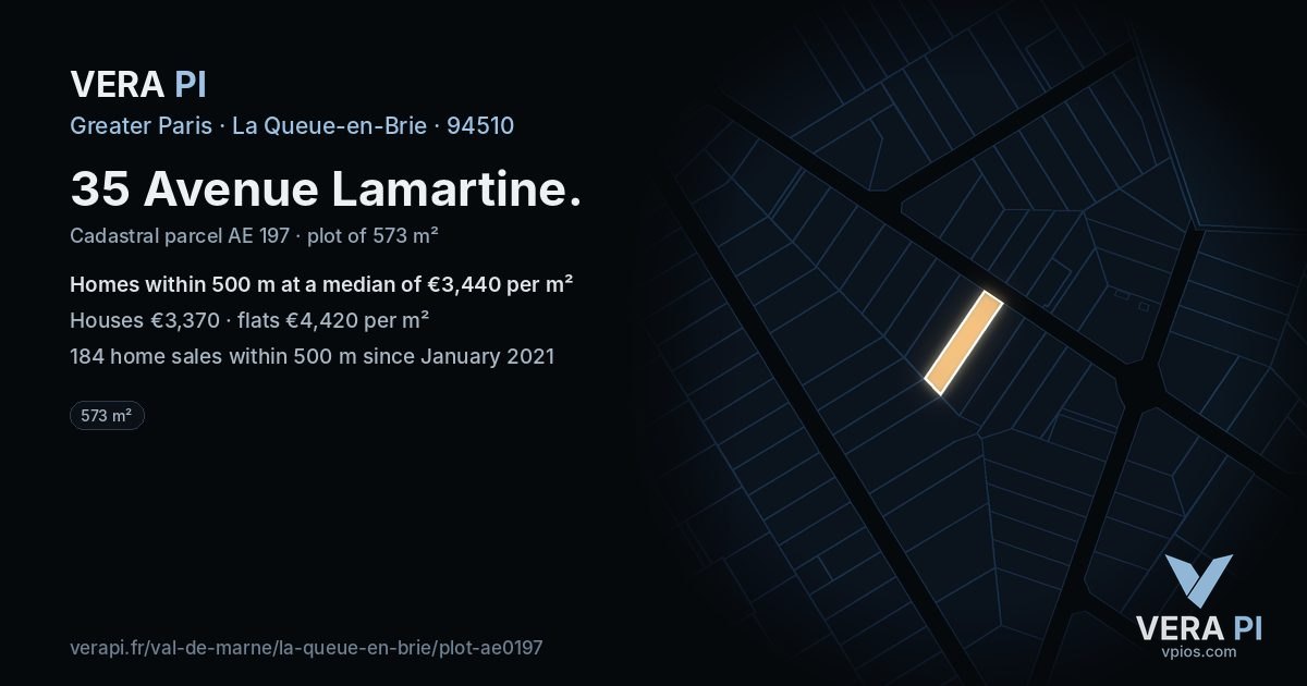 35 Avenue Lamartine, La Queue-en-Brie at night – the plot lit, the parcels around coloured by the prices near them