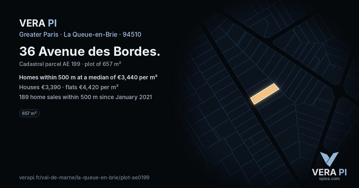 36 Avenue des Bordes, La Queue-en-Brie at night – the plot lit, the parcels around coloured by the prices near them