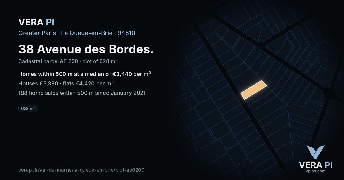 38 Avenue des Bordes, La Queue-en-Brie at night – the plot lit, the parcels around coloured by the prices near them