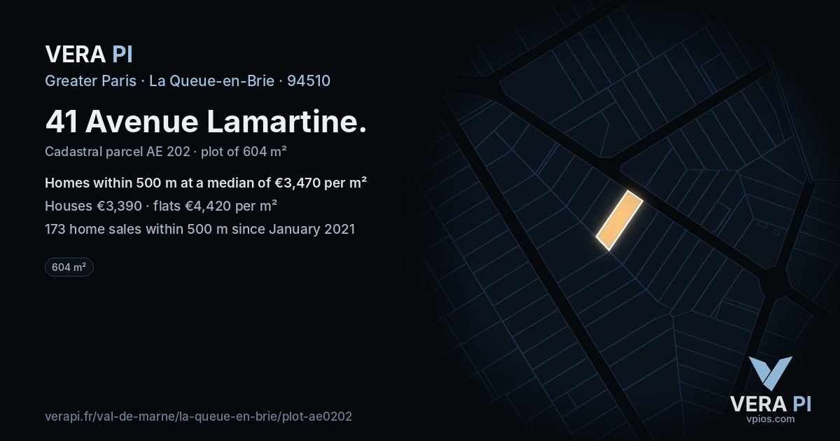 41 Avenue Lamartine, La Queue-en-Brie at night – the plot lit, the parcels around coloured by the prices near them