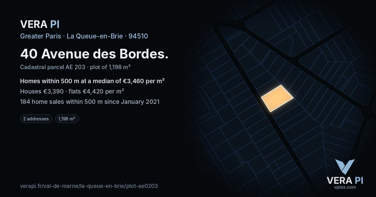 40 Avenue des Bordes, La Queue-en-Brie at night – the plot lit, the parcels around coloured by the prices near them