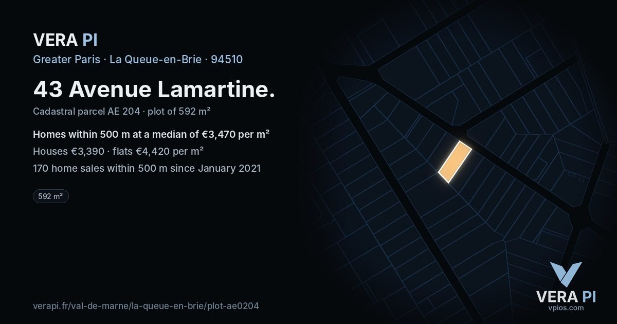 43 Avenue Lamartine, La Queue-en-Brie at night – the plot lit, the parcels around coloured by the prices near them