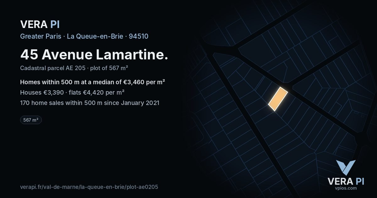 45 Avenue Lamartine, La Queue-en-Brie at night – the plot lit, the parcels around coloured by the prices near them
